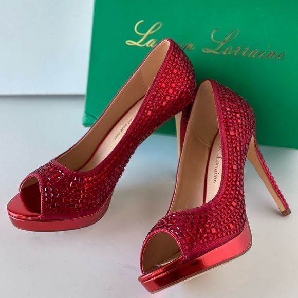 NEW! $100 Lauren Lorraine Red Heels Rhinestone Formal Dress Heels Sexy Sz 8.5M - Picture 6 of 14